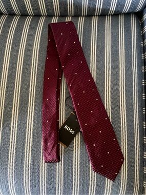 BOSS Men's Wine Burgundy Silk Tie with Small Silver Dots